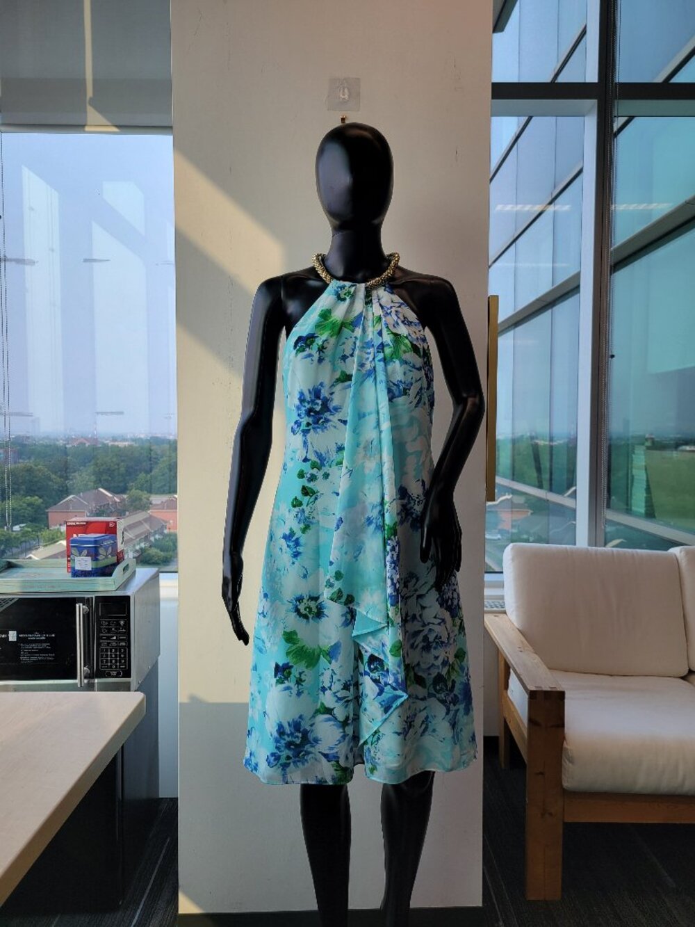 Calvin Klein Beaded Halter Dress in Blue and Green
